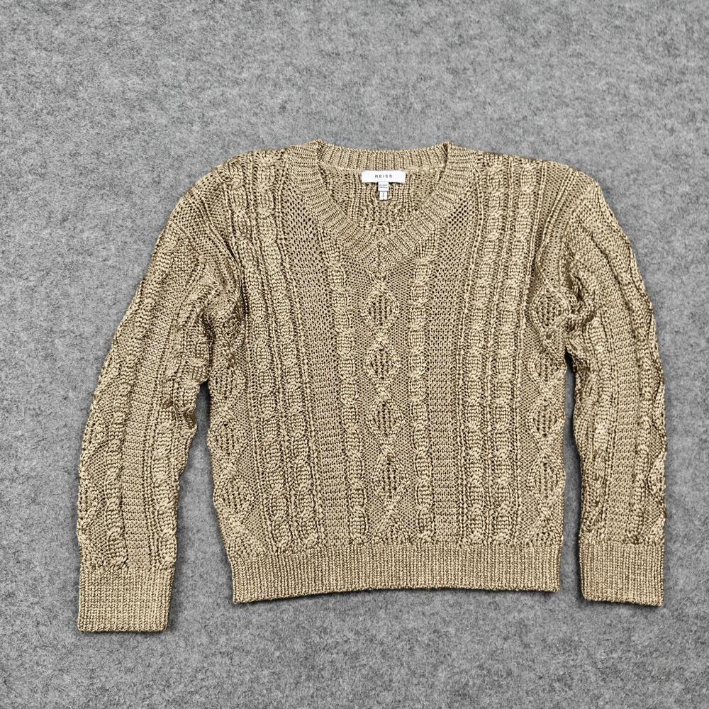 REISS Sweater Kids 9-10 Years Gold V-Neck Cable Knit Pullover Regular Unisex